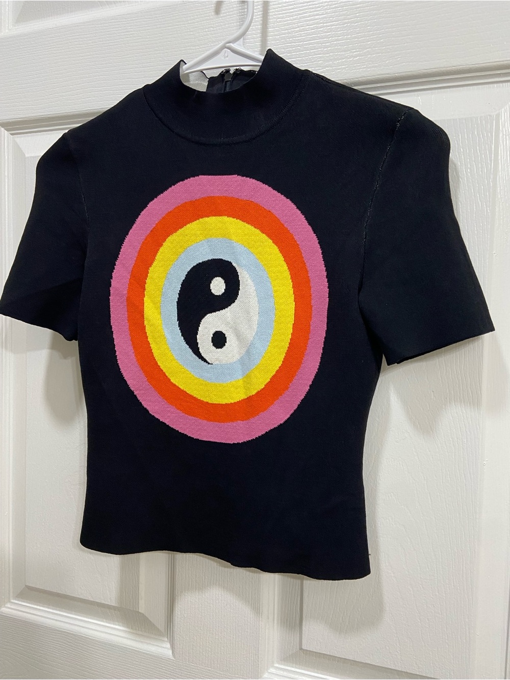 STAUD Nat Cropped Intarsia Knitted Yin-Yang Top Size XS
